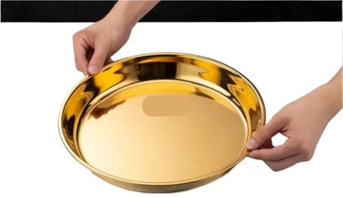 Grand plateau rond en acier inoxydable doré, de service épais, plat à steak, for dîner, barbecue, grill, plats viande(60cm)