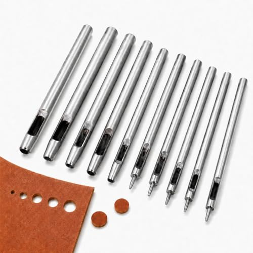 Uadme Punzones de Agujero, 10Pcs 0.5-5mm Sacabocados para Cuero, Punzón de Cuero Redondo de Acero, para Correas de Reloj, Cuero, Cinturones, Lona, Prensas