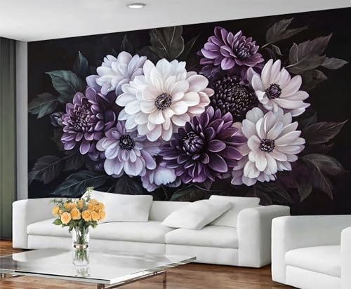 GIVLWF Dark Floral Wallpaper & Mural, Dahlia Wallpaper for Living Room, Purple and White Wall Paper for Bedroom, Murals & Room Decor - Non Self Adhesive