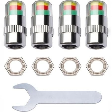 4Pcs Drive Safe Tyre Pressure Caps for Cars - Car Tyre Valve Caps Set with Pressure Alert, Anti-Theft Nuts & Wrench - Universal Fit for Enhanced Safety
