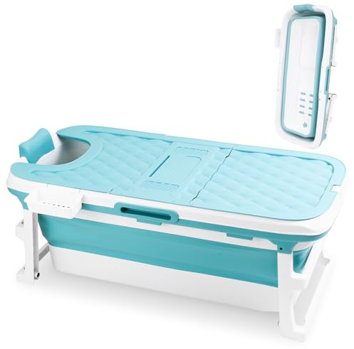 Vkechh Baignoire pliable pour adulte, Baignoire mobile pliante 149×60×50 cm, Portable et peu encombrante, avec couvercle et tuyau de vidange, pour salle de bain, douche et extérieur, Bleu