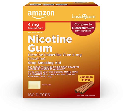 Amazon Basic Care Nicotine Polacrilex Coated Gum 4 mg (nicotine), Cinnamon Flavor, Stop Smoking Aid, Quit Smoking, Reduces Nicotine Cravings, 160 Count