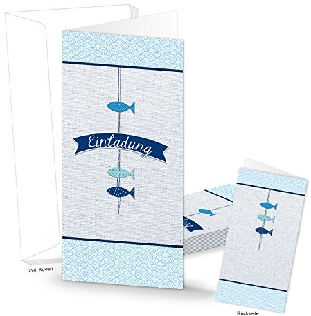 Logbuch-Verlag 10 Einladungskarten EINLADUNG mit Fische Motiv türkis blau weiß - Einladungen schreiben Karten mit Kuvert für Taufe Kommunion Konfirmation