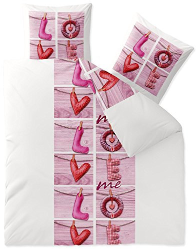 CelinaTex Touchme Biber Bettwäsche 200 x 200 cm 3teilig Baumwolle Bettbezug, Set, Bettgarnitur für Sommer und Winter, ganzjährig, pflegeleicht, Loana Love Herz Wörter weiß pink rosa