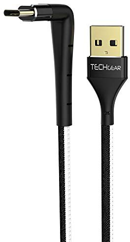 TECHGEAR 2 Meter USB C kabel 90 Grad Rechter Winkel Schnellladekabel mit Ständer passt Huawei P30, P20, Moto, Samsung S24,S23,S22,S21 FE, A15, A14, A24, A25, Pixel 8, OnePlus 10 usw, Schwarz