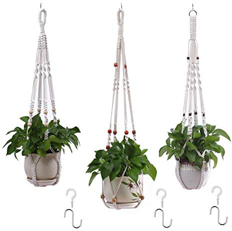 ROZKVIKA Makramee Pflanzenhalter Makramee Wandbehang Pflanzgefäße Handgefertigte hängende Pflanzenhalter Hängende Pflanzgefäß Korb Blumentopfhalter Boho Home Decor (3er Pack)
