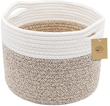Loravou Small Round Woven Cotton Basket With Handle 9.5x9.5x7.1 in Cute Nursery Shelf Storage Basket Stitching Brown Beige Mixed Design Style 8.2L