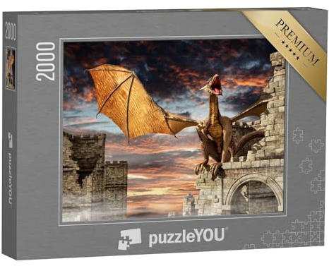puzzleYOU: Puzzle 2000 Teile „Drache auf Einer nebeligen Burg“ – aus der Puzzle-Kollektion Fantasy