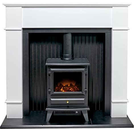 Adam Oxford Stove Fireplace in Pure White with Hudson Electric Stove in Black, 48 Inch