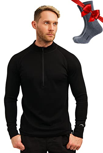 Merino.tech 100% Merinowolle Half Zip Pullover Herren Wandern + Wollsocken | Unterwäsche Herren, mit Reißverschluss, Stehkragen, für Bergsport, Midlayer Wärmend, Kratzfrei, Geruchshemmend, Atmungsaktiv