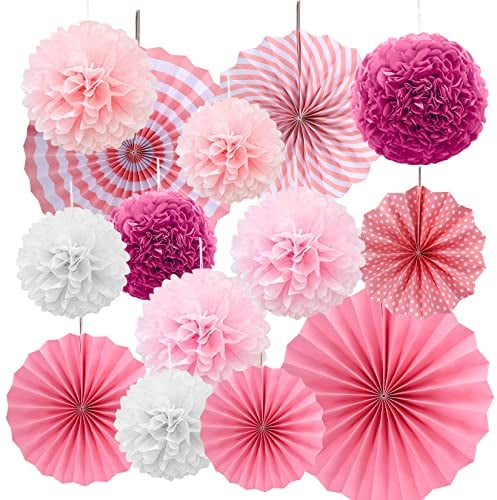 14 Pcs Pink Paper Party Decorations, Hanging Paper Pompoms Pom Poms Flower Papers Fan Decoration, for Wedding Festival Carnival Mexican Birthday Party Decorations
