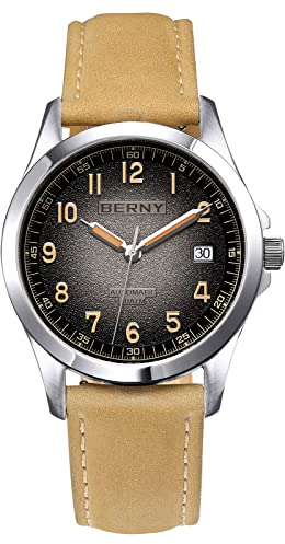 BERNY Automatikuhr Für Herren Mechanisches Armbandband Lederband Leuchtend Wasserdicht 10ATM Saphirglas Kratzfest Herrenuhr