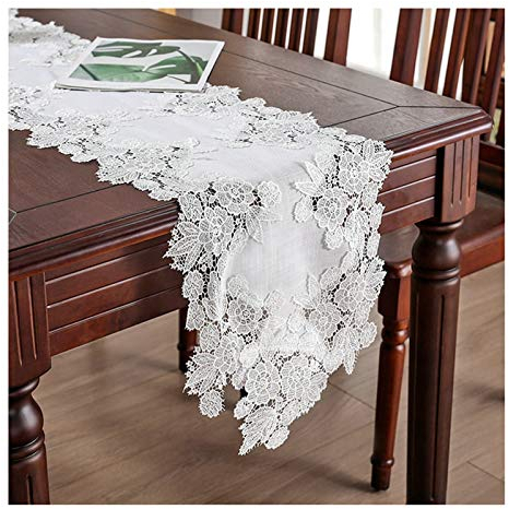 Lieson Tischläufer Dekostoff, Abwaschbar Tischläufer Polyester Wohnzimmer Tischläufer Weihnachten Spitzen Muster Weiß 35x200CM