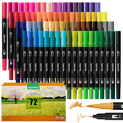 Eglyenlky Lot de 72 marqueurs pinceaux à double pointe - Marqueurs colorés pour adultes - Livres de coloriage avec pointe fine et pinceau pour enfants et adultes - Dessin, journal