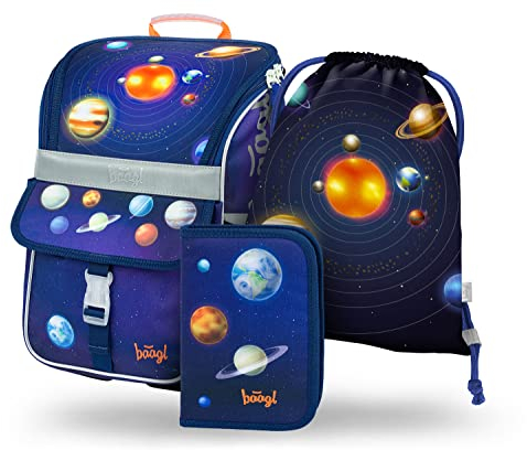 Baagl Schulranzen Jungen Set 3 Teilig, Zippy Schultasche für 1. Klasse, Grundschule Ranzen Tornister mit Brustgurt, Ergonomischer Schulrucksack (Batman Dark City)