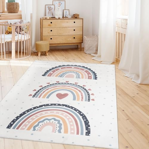 TT Home Kinderzimmerteppich Teppich Junge Mädchen Kinderteppich Baby Herzen Pastell, Farbe:Rosa Beige Gelb, Größe:80x150 cm