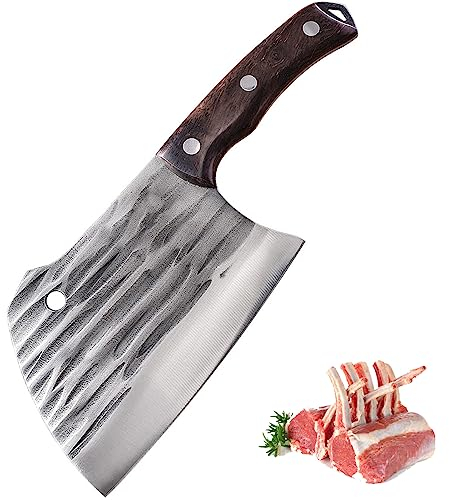 Fubinaty Couteau de Cuisine Fait à la Main Forgé Couteau à Hacher les Os Couteau de Chef en Acier à Haute Carbone Couteau à Viande Full Tang avec Poignée en Bois