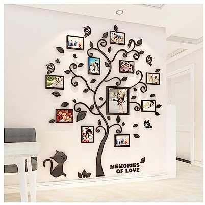 GIVBRO Autocollants muraux en acrylique 3D avec cadre photo en forme d'arbre, Décoration Murale pour la maison, le salon, la chambre à coucher - 107 cm x 130 cm (noir)