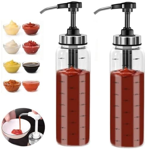 ZNZNANG 2PCS Sauce Pump Dispenser Glass, 17 oz Condiment Press Bottles- No Drip, Food Grade Pumps for Honey, Syrups, Oil, Condiments, Salad Dressings and More