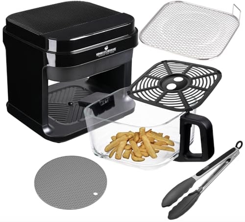 KHF-550 Heißluftfritteuse 5,5 Liter mit Touchdisplay und Frittierkorb aus Glas ohne Beschichtung, Airfryer mit Zange und Silikonuntersetzer (KHF-550 + Antihaftbeschichtetem Einsatz)