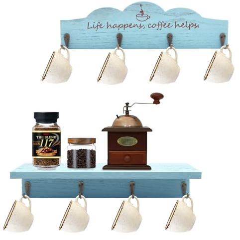 LYFJXX Lot de 2 supports muraux pour tasse à café avec 8 crochets, 2 supports en bois avec signe de café, support pour tasse à thé pour bar, cuisine, organiseur de coin de café, décoration d'angle