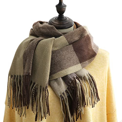 Schal Damen Herbst Kariert Groß Herbst Winter Lang Winterschal Kariert Kuschelig Deckenschal Karo Elegant Weich Deckel Plaid XXL Halstuch Fransen Tartan Schal Cape Hijab (Y21-Brown, One Size)