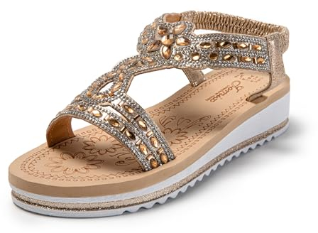 JOMIX Sandalias Mujer Verano con Banda Elástica Sandalias Plataforma Mujer con Joyas Brillantes Sandalias Mujer Comodas Playa Piscina Mar, Dorado, 36 EU