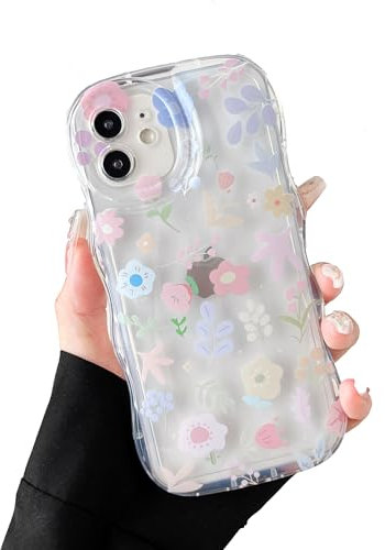 DEFBSC Clear Flower Case for iPhone 12, Cute Curly Wave Frame Slim Fit Shockproof Soft TPU Bumper Phone Case, Transparent Protective Case with Floral Pattern for Girls Womenn - Pink Flower