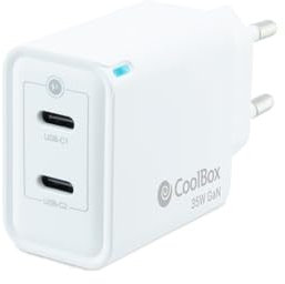 CoolBox USB C Charger with 2 Ports, 35 W, GAN Technology, QuickCharge 3.0 + PowerDelivery, Compatible with iPhone/iPad/Galaxy/Xiaomi. Ultra Compact Size, Colour White