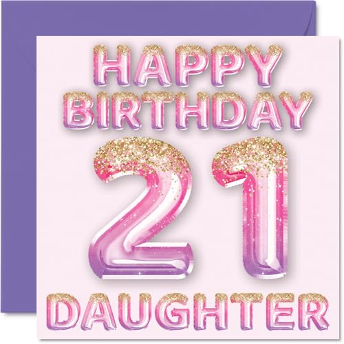 21st Birthday Card for Daughter, Pink & Purple Glitter Balloons | Happy Birthday Cards for 21 Year Old Daughter from Mum or Dad Parents, 145mm Bday Greeting Cards Gift