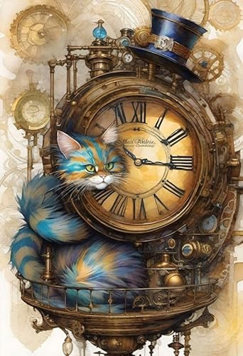 Malen Nach Zahlen Katzen und Uhren, Bastelset für Erwachsene, Kreativ Set, DIY Handgemalt Ölgemälde Kit für Anfänger, Geschenke 30X40cm