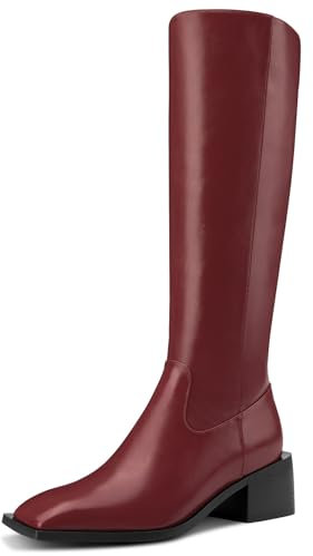 HDEUOLM Donna Chunky Blocco Medio Tacco Heel Quadrata Punta Altezza Ginocchio Stivali Slip-on Cerniera Casual Cute Stivali Rosso Vino 37 EU