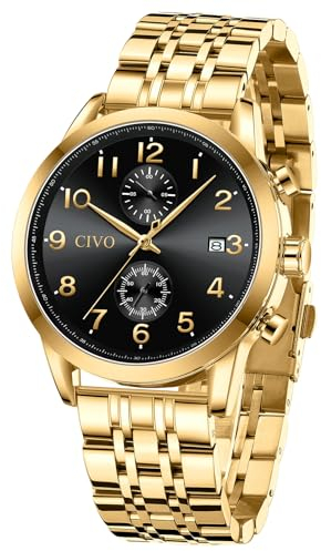 CIVO Uhren Herren Chronograph Armbanduhr: Gold Männer Uhr Quarz - Edelstahl Herrenuhr Wasserdicht