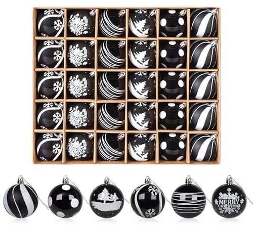 Black White Christmas Tree Baublest, 30Pcs 6cm Christmas Balls for Xmas Tree decorations, 6 Designs Hanging Balls Pendants with Silver Rope