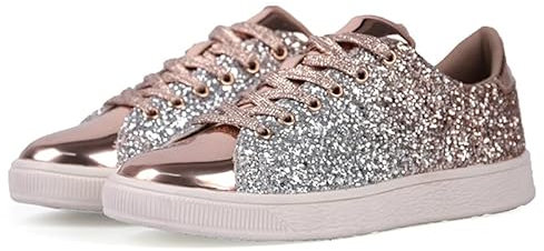 UK Glitter Trainers Women Non Slip Round Toe Shoes Green Trainers Women Casual Metal Bucket Athletic Sneakers Comfortable Slip on Walking Shoes Lightweight Wide Fit Running Shoes (4.5,Rose Gold)