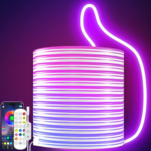 KANTUTOE Neon LED Streifen, 5m LED Strip mit Fernbedienung/APP Steuerung, 24V Flexibel IP65 Wasserdicht Musik Sync Gaming LED Schlauch, Rope LED Streifen für Schlafzimmer Oudoor Dekoration