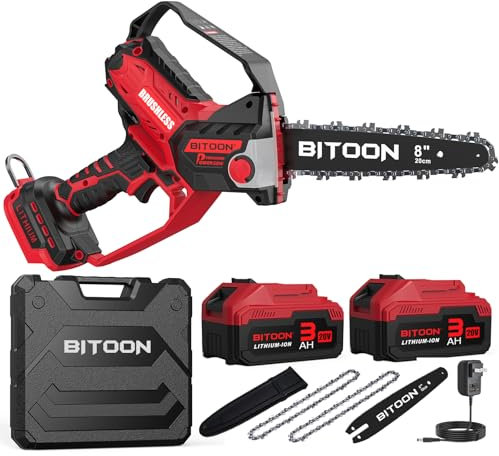BITOON Mini tronçonneuse de 20,3 cm avec 2 batteries de 3,0 Ah et chargeur, auto-huileur, scie à chaîne d'élagage 2 en 1, sans balais de 20,3 cm et 15,2 cm, scie à chaîne électrique portable pour