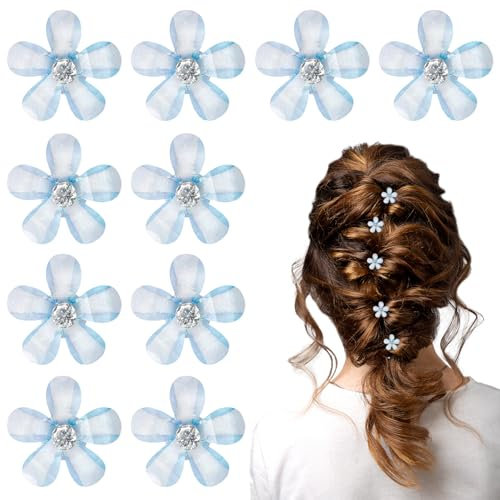 10 pezzi Mini fermagli per capelli a forma di fiore, graziosi fermagli per capelli con strass, piccole mollette per capelli, per donne e ragazze, dolci mollette per feste quotidiane, matrimoni (blu)