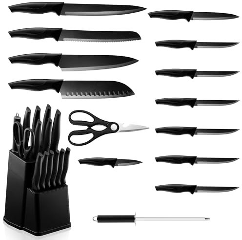 Herogo Messerblock mit 15 Messerset und Wetzstahl, Premium-Edelstahl-Küchenmesser-Set mit hohem Kohlenstoffgehalt, Gezacktes Steakmesser, Antihaftbeschichtung zum Hacken und Schneiden, Schwarz