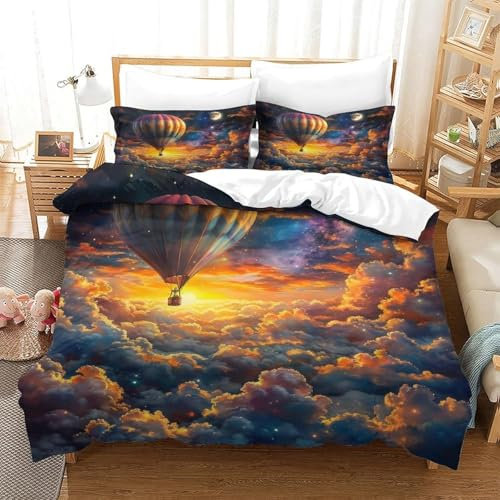 Heißluftballonlandschaft Bettwäsche 155X200 cm Bettwäsche Set 3 Teilig - 1 Bettbezug + 2 Kissenbezug,100% Mikrofaser,3D Digital Print Bettwäsche,Bettwäsche-Set · Teenager Und Erwachsene -633Y763F810K