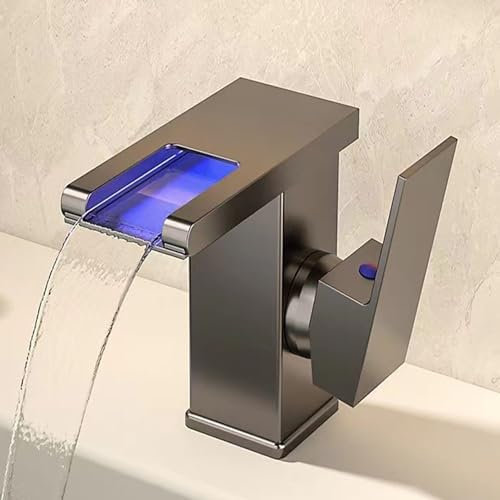 Rubinetto Bagno Lavabo, LED Rubinetto Alto Lavabo Bagno 3 Colori Che Cambiano, Miscelatore Monocomando Lavabo Cascata, Fredda e Calda Regolabile con Tubo di Aspirazione,Grigio,Short