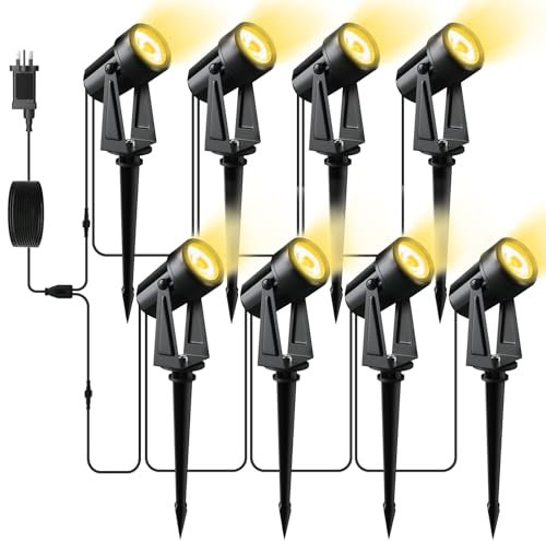 Pogestrand LED Gartenbeleuchtung mit Strom,28M/92FT 8er-1 Set,2400LM 2Wx8 Gartenstrahler 27V COB IP65 Wasserdichter Strahler Warmweiß mit Erdspieß für Außen Garten Yard