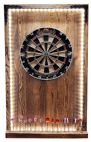 WEECO Komplettes Dartspiel Set – Dartscheibe, 12 Dartpfeile und eine hölzerne Wandabdeckung mit integrierter LED Beleuchtung wird per Fernbedienung gesteuert und über einen Netzstecker betrieben. Flam