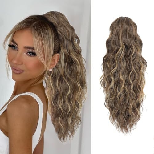 FINE PLUS Ponytail Extension, Claw Clip in Ponytail Hair Extensions Synthetic 18inch Curly Wave Hair Pieces for Women Light Brown with Highlights