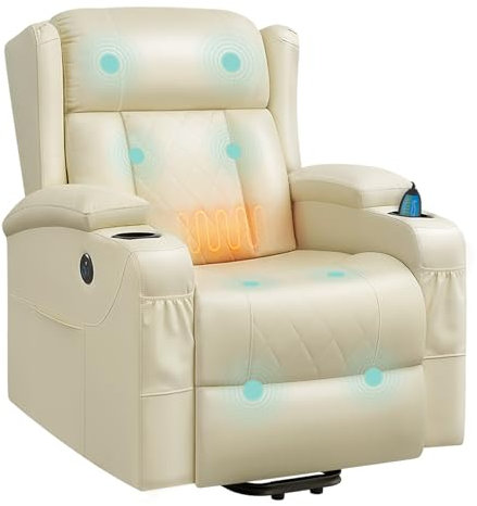 WOLTU Fernsehsessel elektrisch verstellbar, Massagesessel mit Liegefunktion Aufstehhilfe, Massage Heizung Fußstütze Seitentaschen Becherhaltern USB-Port, Relaxsessel Kunstleder, Beige, SKS62be