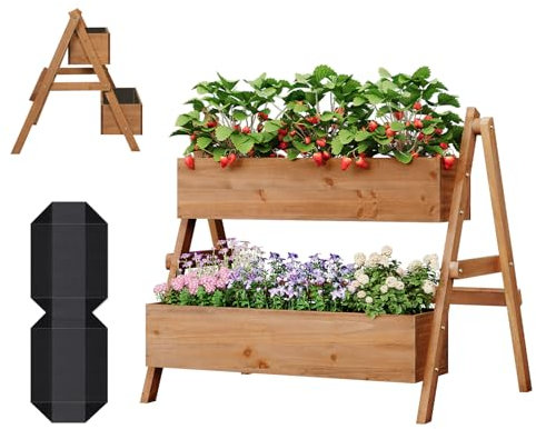 WOLTU Hochbeet, für Garten Balkon Terrasse, mit Innenvlies 2 Blumenkästen, Blumentreppe aus Holz, Gemüsebeet Kräuterbeet Pflanzbeet, 80 x 100 x 62 cm, Braun
