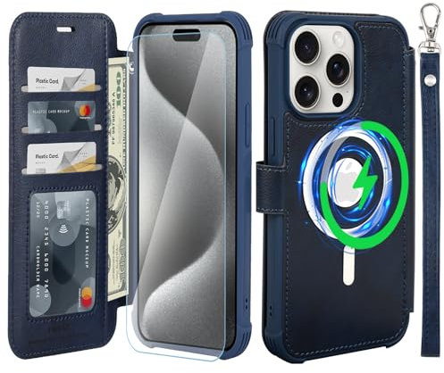 VANAVAGY Compatible for iPhone 15 Pro Wallet Case for Magsafe Wireless Charging,Leather Flip Wrist [Glass Screen Protectors and Camera Lens Protectors]with RFID Blocking Card Holder,Navy blue