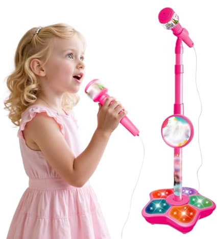 Microfono per bambini, microfono per bambini con supporto, microfono per bambini, microfono da pavimento, microfono per bambini a partire da 3, 4, 5, 6, 7 anni, per ragazze e ragazzi (rosa)