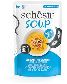 Schesir, Zuppa con Filetti di Tonno e Calamari, in busta, Cibo Umido Complementare per Gatti, Ricetta Originale, 100% Naturale, Cruelty Free, 12 x 40g