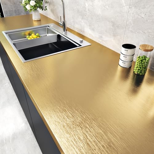 WESTICK Stainless Steel Gold Contact Paper Removable Metallic Gold Wallpaper Peel and Stick Brushed Golden Contact Paper Stainless Steel Vinyl Fridge Wrap for Appliances Cabinets Countertops 17.7x80